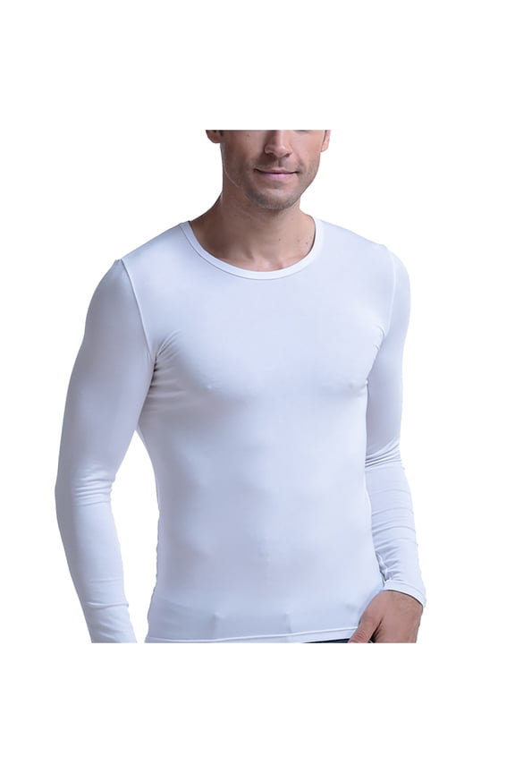 UTTOASFAY Mens Long Sleeve Tops Slim Thin thermal Underwear Men's Round Neck Autumn Clothes Breathable Basic Bottoming Shirt White 8(L)