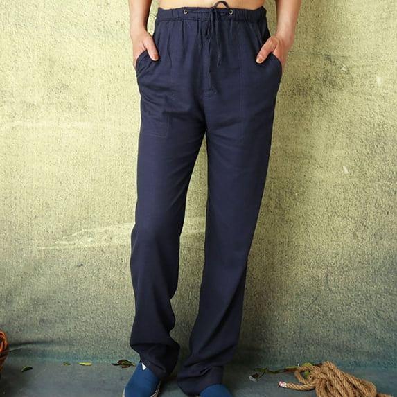 UTTOASFAY Mens Pants Men Fashion Cotton Linen Plus Size Casual Elastic Waist Pockets Long Pants Dark Blue 4(S)