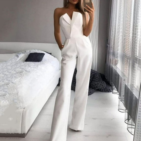 UTTOASFAY Plus Size Women Pants Clearance Fashion Women Summer Casual Sexy Sleeveless Solid Color Wide Leg Pants Jumpsuits Flash Picks White 4(S)