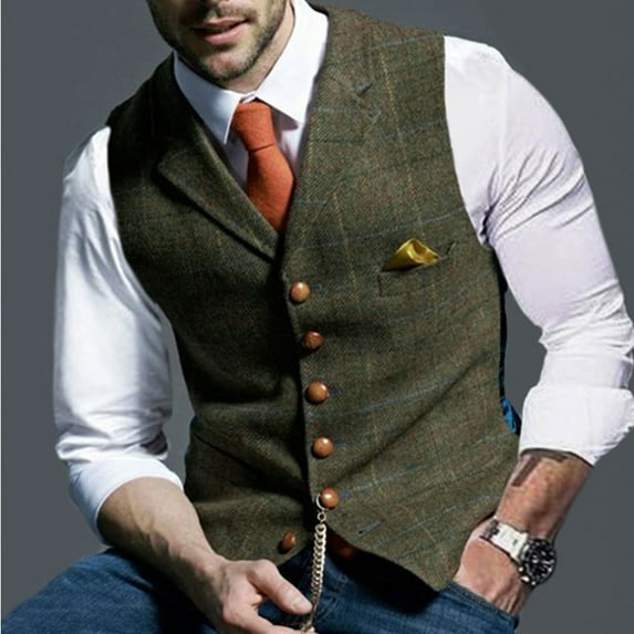 UTTOASFAY Suit Coat for Men Men Lattice Turndown Single-breasted Slim Fit Vest Suit Business Waistcoat Rollbacks Khaki 14(XXXL)