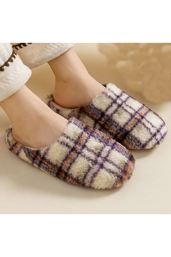 UTTOASFAY Unisex Couple Fashionable Casual Fall And Winter Outerwear Silent Closed-Toe Plaid Fleece Lined Warm Friendly Flat Slippers Time and Tr