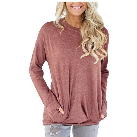 UTTOASFAY Winter Clothes for Womens Fashion Woman O-Neck Long Sleeve T-Shirt Summer Solid Pocket Loose Blouse Tops