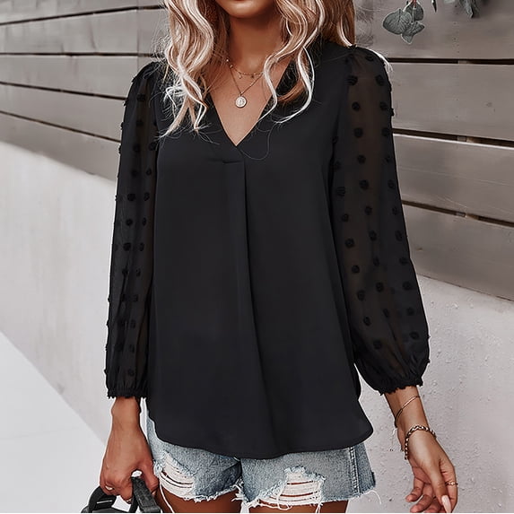 UTTOASFAY Winter Clothes for Womens Clearance Women'S Fashion Summer Solid Color V-Neck Long Sleeve Chiffon Tops Flash Picks
