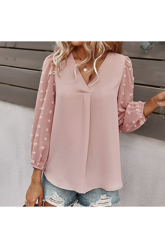 UTTOASFAY Winter Clothes for Womens Women's Fashion Summer Solid Color V-Neck Long Sleeve Chiffon Tops