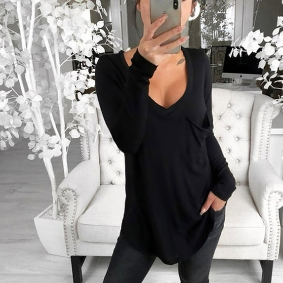 UTTOASFAY Winter Clothes for Womens Women's V-Neck Solid Color Loose Casual Fashion Long Sleeve T-Shirt Tops