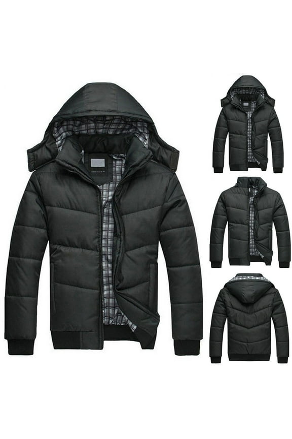 UTTOASFAY Winter Coats for Men Men's Black Puffer Jacket Warm Overcoat Outwear Padded Hooded Down Winter Coat Black Xxl