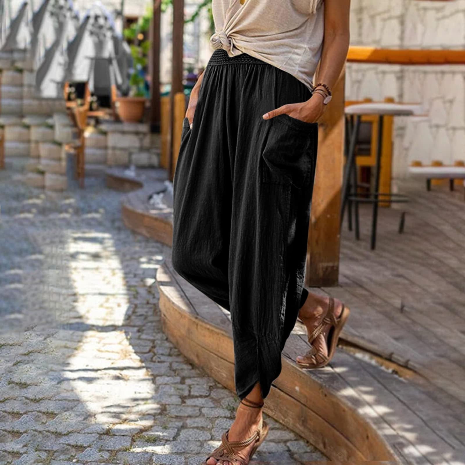 UTTOASFAY Winter Pants for Women Plus Size Women High Waist Pants Solid Color Elastic Belt Vintage Stylish Cotton and Linen Double Pockets Waist