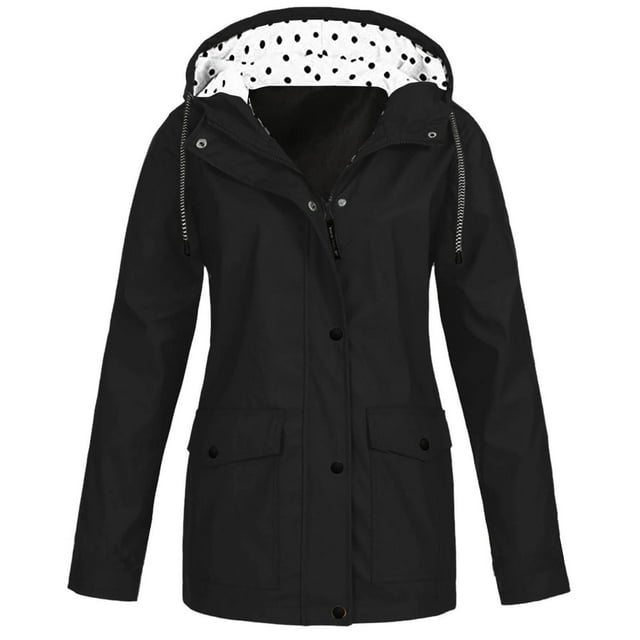 UTTOASFAY Woman Plus Size Jacket Clearance Women Solid Rain Jacket Outdoor Plus Size Hooded Raincoat Windproof Rollbacks Black