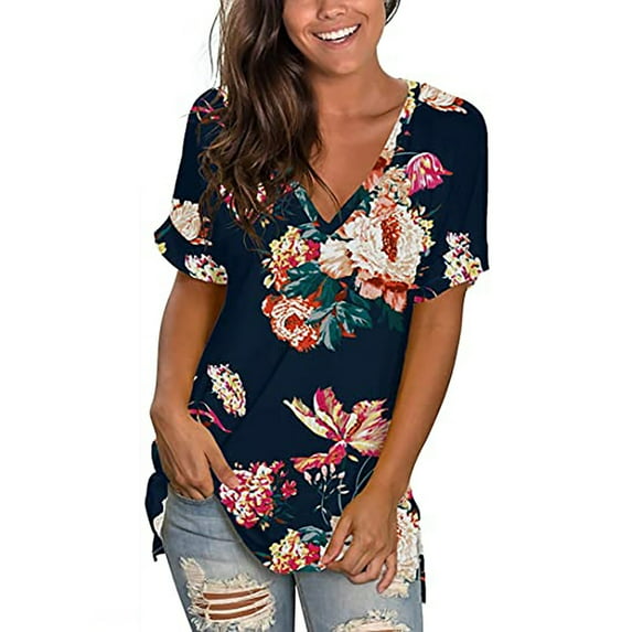LoyisViDion Womans Shirts Clearance Women‘S Summer T Shirts Short Sleeve Tunic Strappy Print V-Neck Shoulder Tops Dark Blue 8(L)