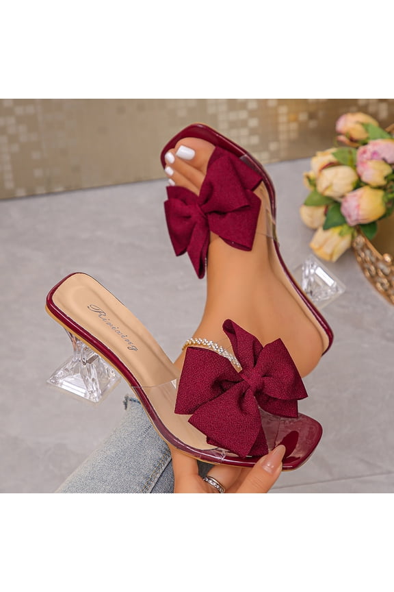 UTTOASFAY Women Fashion Casual Summer Item Solid Color Outerwear Transparent Bow Versatile Wine Glass Straight Drag High-Heeled Summer Slides