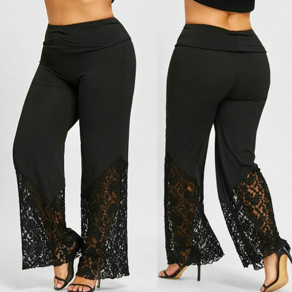 UTTOASFAY Women Pants Women Casual Plus Size Lace Loose Wide Leg Leggings Sports Pants Black Xxl