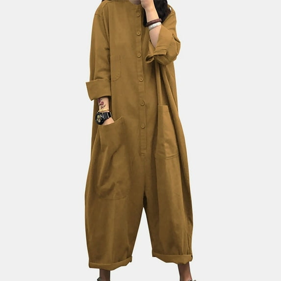 UTTOASFAY Women Pants Clearance Women Casual Solid Pocket Romper Long Playsuit Strap Long Sleeve Jumpsuit Flash Picks Khaki 12(Xxl)