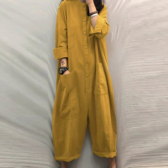 UTTOASFAY Women Pants Women Casual Solid Pocket Romper Long Playsuit Strap Long Sleeve Jumpsuit Yellow 6(M)