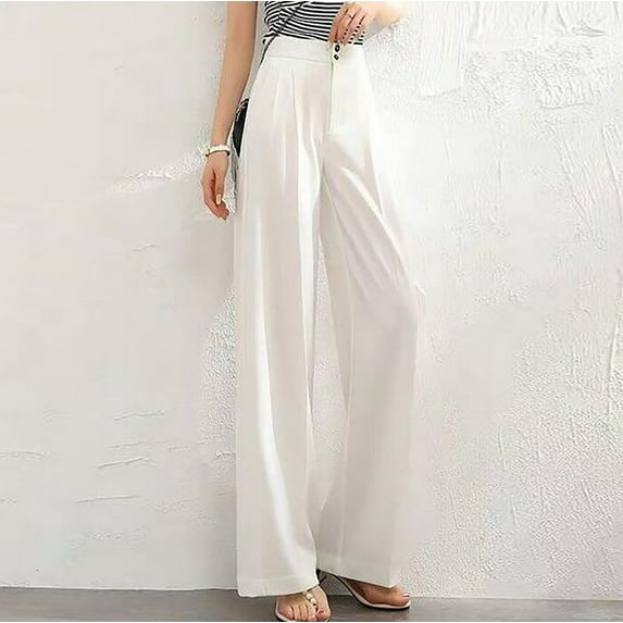 UTTOASFAY Women Pants Women'S Fashion Casual Full-Length Loose Pants Solid High Waist Trousers Long Straight Wide Leg Pants White 6(M)