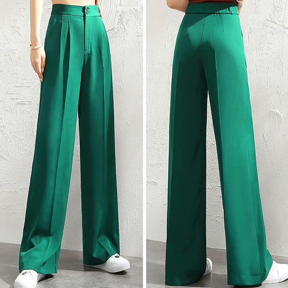 UTTOASFAY Women Pants Women'S Fashion Casual Full-Length Loose Pants Solid High Waist Trousers Long Straight Wide Leg Pants Green 4(S)