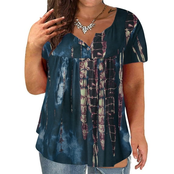 LoyisViDion Women Plus Size V-Neck Tie-Dye Print Button Short Sleeve Tops T-Shirt Blouse Clearance Navy 18(XXXXXL)