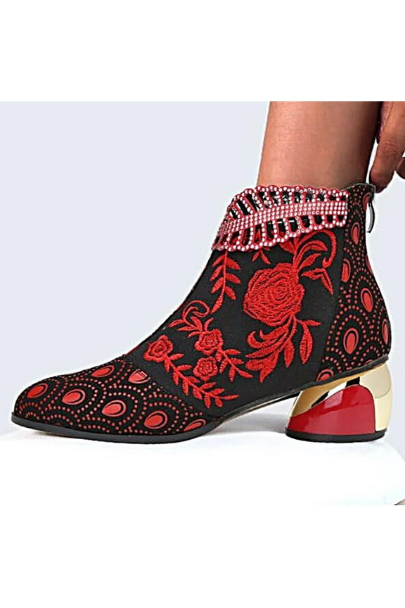 UTTOASFAY Women's Boots Clearance,Women Boots Retro Embroidered Rhinestone Thick Heel Shoes Boots Plus Size Boots Flash Picks