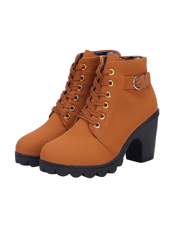 UTTOASFAY Women's Boots Women Boots Retro Thick Heel High Heel Shoes Boots Plus Size Lace Up Boots