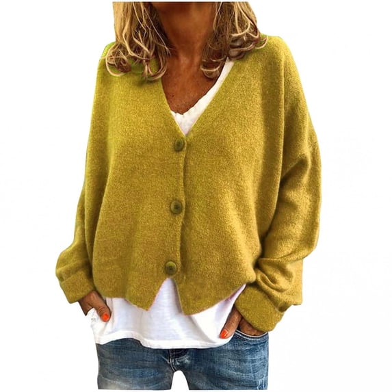 UTTOASFAY Women Solid Color Casual Long Sleeve Knitted Cardigan Sweater Coat Yellow 10(XL)