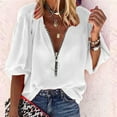 thumbnail image 1 of UTTOASFAY Women Tops Womens V-Neck Solid Zip Front Blouse Lantern Sleeve Loose Casual Top Shirts White 12(XXL), 1 of 6