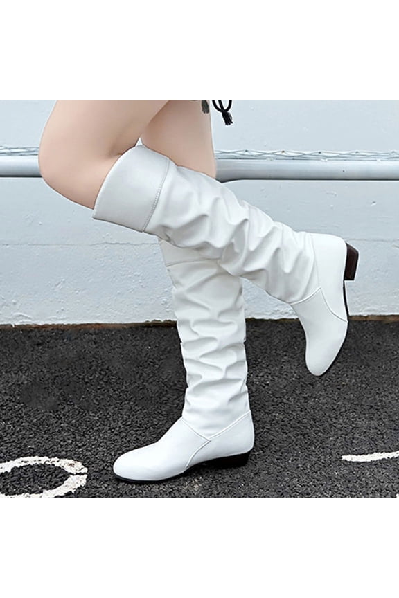 UTTOASFAY; Women's Boots Slip-On Square Heel Knee-High Round Toe,White,Size 5.5