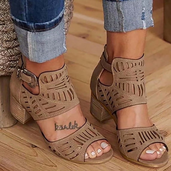 UTTOASFAY Womens Shoes Hot Rhinestone Hollow Fish Mouth Metal Buckle Back Zipper Thick Heel Sandals
