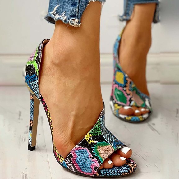 UTTOASFAY Womens Shoes Open-Toed Snake Print Roman Shoes Fish Mouth Side Hollow High Heels