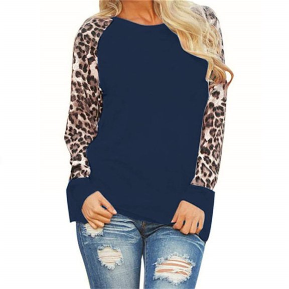 UTTOASFAY Womens Plus Size Tops Women'S Plus Size Color Block Raglan Long Sleeve Shirts Round Neck Leopard Print Patchwork Casual Loose Tunic Blouses