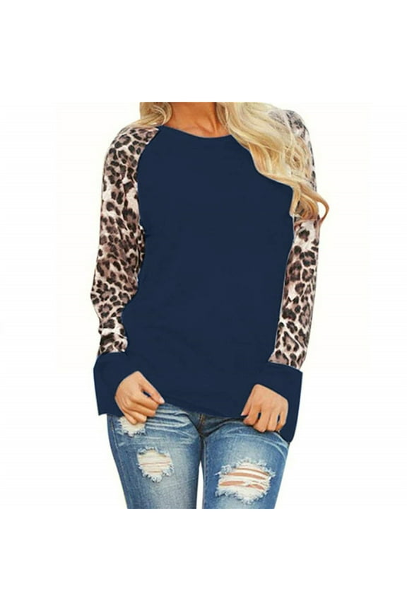 UTTOASFAY Womens Plus Size Tops Women'S Plus Size Color Block Raglan Long Sleeve Shirts Round Neck Leopard Print Patchwork Casual Loose Tunic Blouses