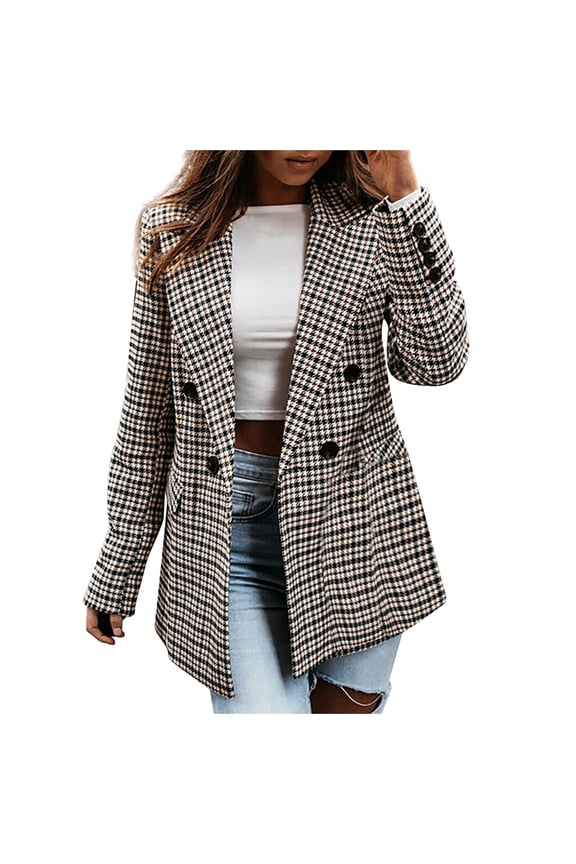 UTTOASFAY Womens Tops Clearance, Ladies Houndstooth Long Sleeve Slim Double-Breasted Suit Collar Top Clearance