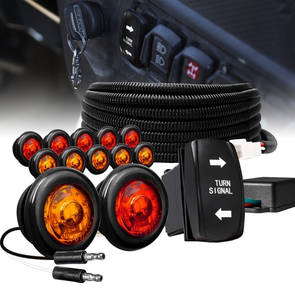 UTV/ATV Turn Signal Kit w/ 12pc Amber + Red 3/4" LED Marker Lights [SPDT Rocker Switch Controlled] [Street-Legal] [Universal Fitment] [Easy to Install] for Polaris RZR Can-Am X3 Kawasaki Honda