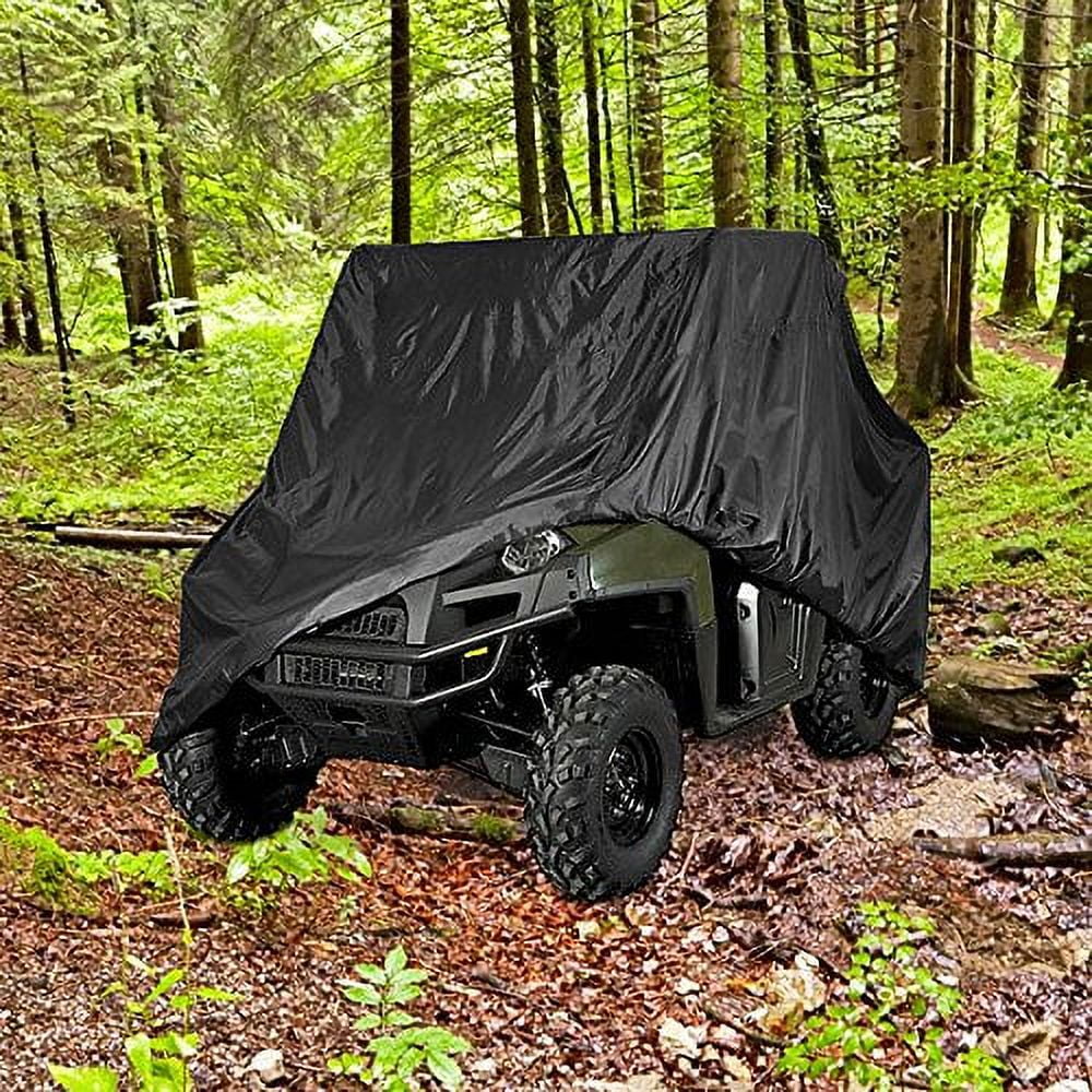 PREMIUM PRODUCTS CORP. UTV COVER - HEAVY DUTY BLACK 420 DENIER WATERPROOF UTV SIDE BY SIDE COVER FITS UP TO 124'L UTV COVER FOR RHINO RANGER MULE GATOR PROWLER RAZOR RECON PIONEER VIKING WOLVERINE (2 YEAR WARRANTY)