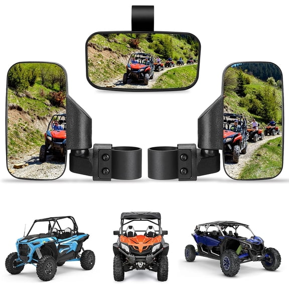 UTV Side Mirrors And Center Mirror with 1.6" to 2" Roll Bar Cage, Adjustable Rear View Side Mirrors Compatible with Polaris RZR, Zforce, Commander Maverick X3, Viking, Rhino, Teryx