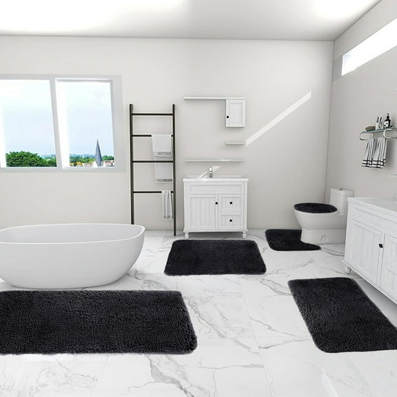 UTXQFD Bathroom Rugs Sets 5 Piece,Extra Soft Microfiber Bath Mats Set,Non-Slip Bath Carpet,Absorbant Bathroom Rug Set, Shaggy Bath Floor Mats for Bathroom, Machine Washable,