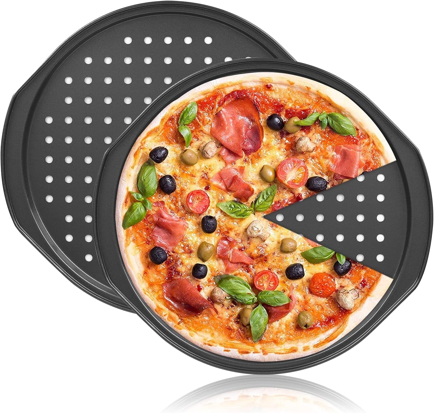 UU&T 14 inch Nonstick Pizza Pan with Holes, Round Carbon Steel Pizza Kitchen Baking Cookie Tray for Oven with Grip Handles, 2 Pack