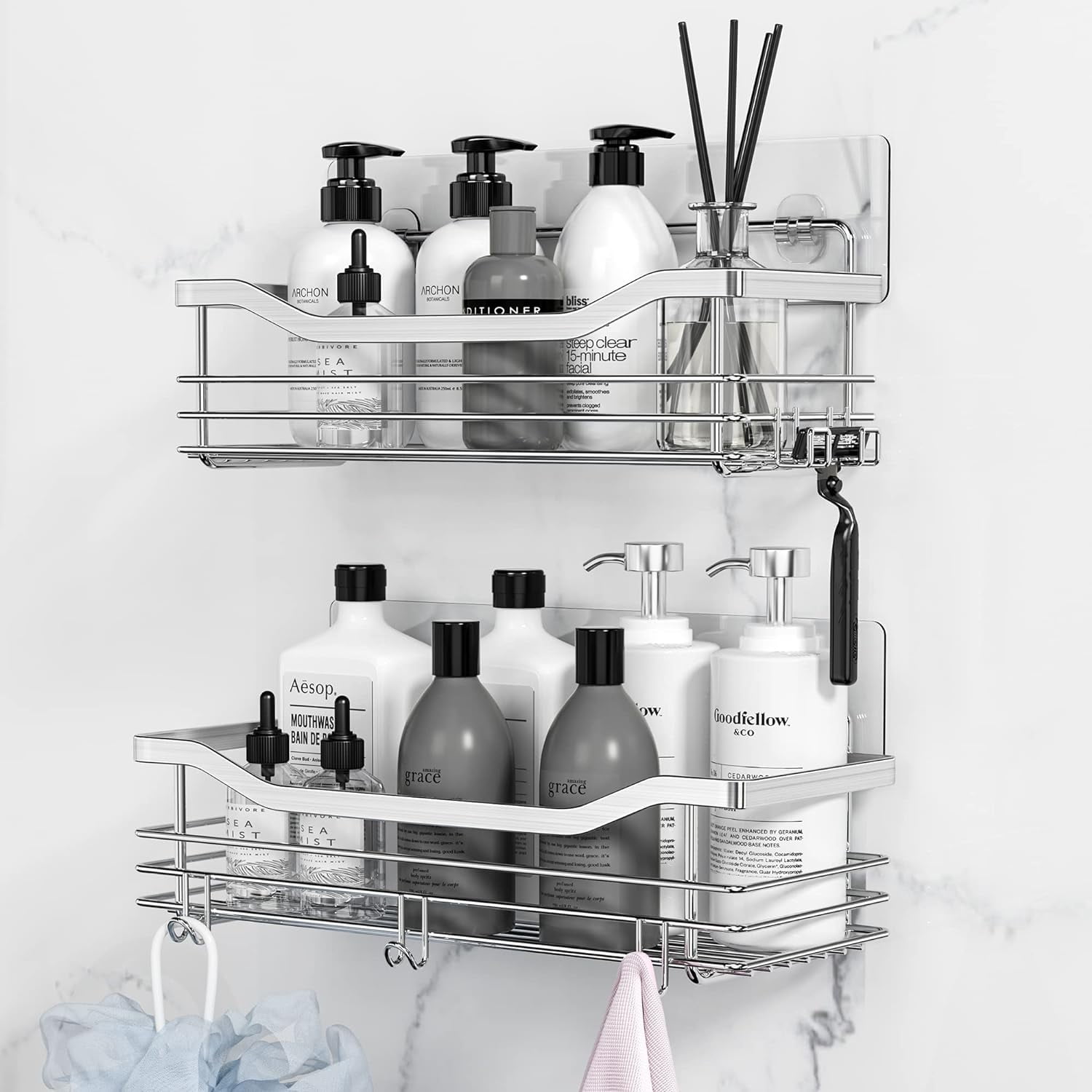 UU&T 2 Pack Shower Caddy Shelf Storage Rack, No Drilling Wall Mounted Adhesive Rust Proof Stainless Steel Shower Organizer with 5 Hooks for Bathroom, Toilet, Kitchen