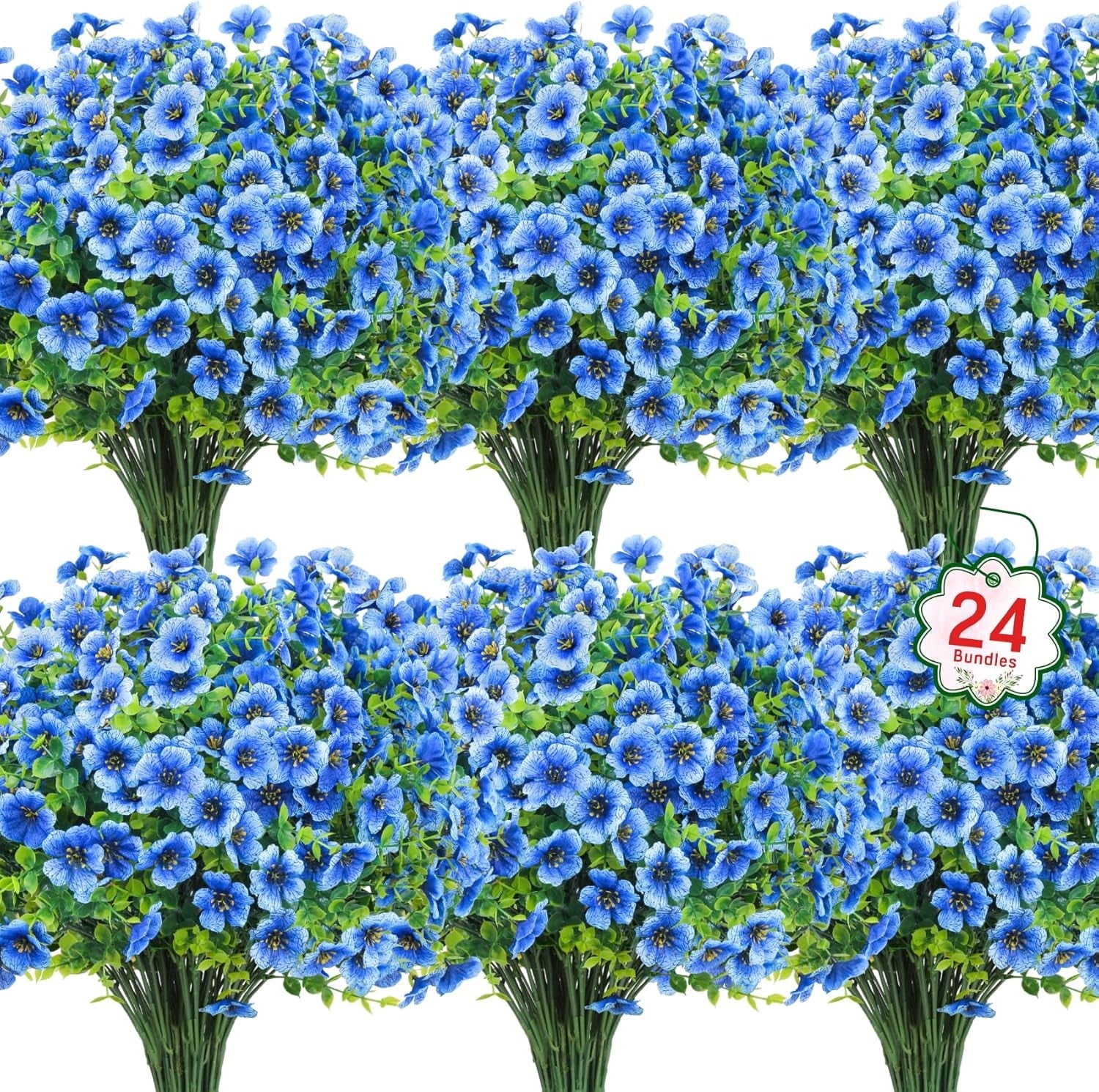 UU&T 24 Bundles Artificial Flowers, Fake Silk Flowers UV Resistant Faux Plastic Plants for Spring Summer Garden Porch Home Indoor Outdoor Decoration, Blue