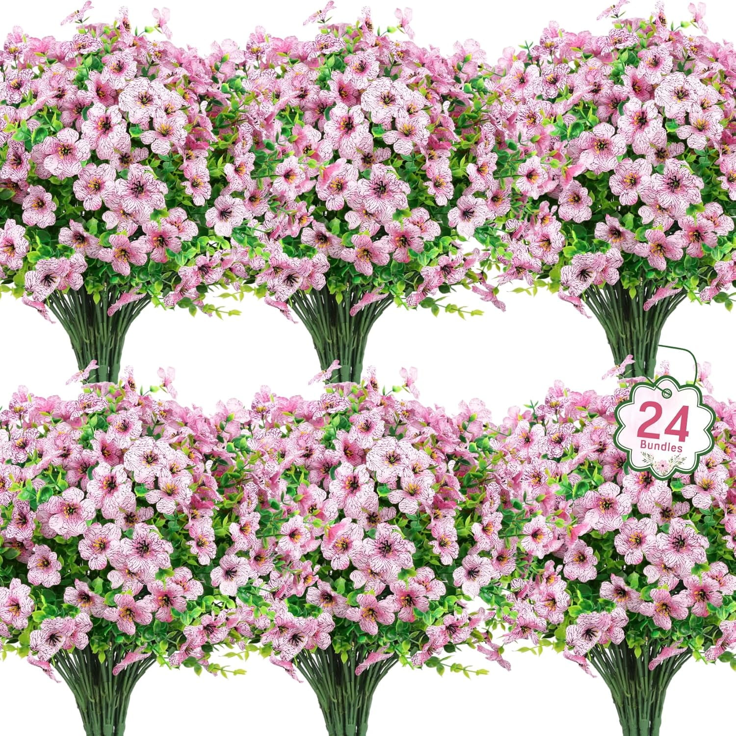 UU&T 24 Bundles Artificial Flowers, Fake Silk Flowers UV Resistant Faux Plastic Plants for Spring Summer Garden Porch Home Indoor Outdoor Decoration, Pink