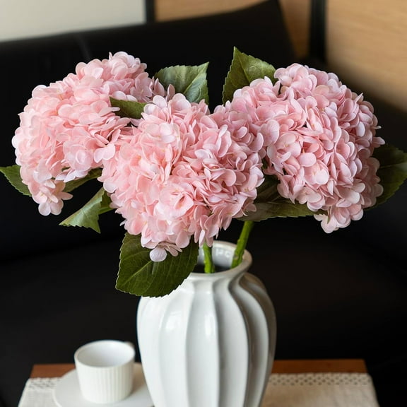 UU&T 3Pcs Hydrangea Artificial Flowers, 20'' Pink Fake Latex Hydrangea with Stems Leaves for Home Wedding Garden Party Decor