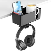 UU&T 4 in 1 Desk Cup Holder, Clip on Under Desk Rotating Headphone Hanger Detachable Desktop Storage for Cup, Phone and Pen, Black