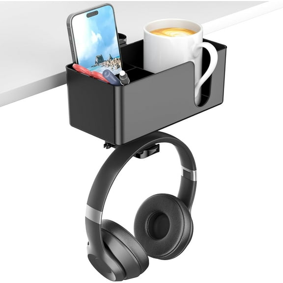 UU&T 4 in 1 Desk Cup Holder, Clip on Under Desk Rotating Headphone Hanger Detachable Desktop Storage for Cup, Phone and Pen, Black