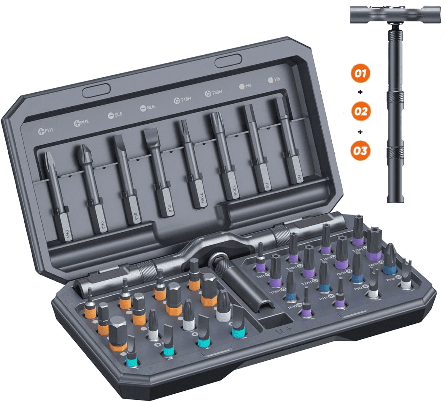 UU&T 42 in 1 Magnetic Screwdriver Set, Multi Bit Ratchet Screwdriver Set with T Handle, Portable Storage Case, DIY Repair Tool Kit for Electronic Repair, Furniture, Bicycle, Computer, Gray
