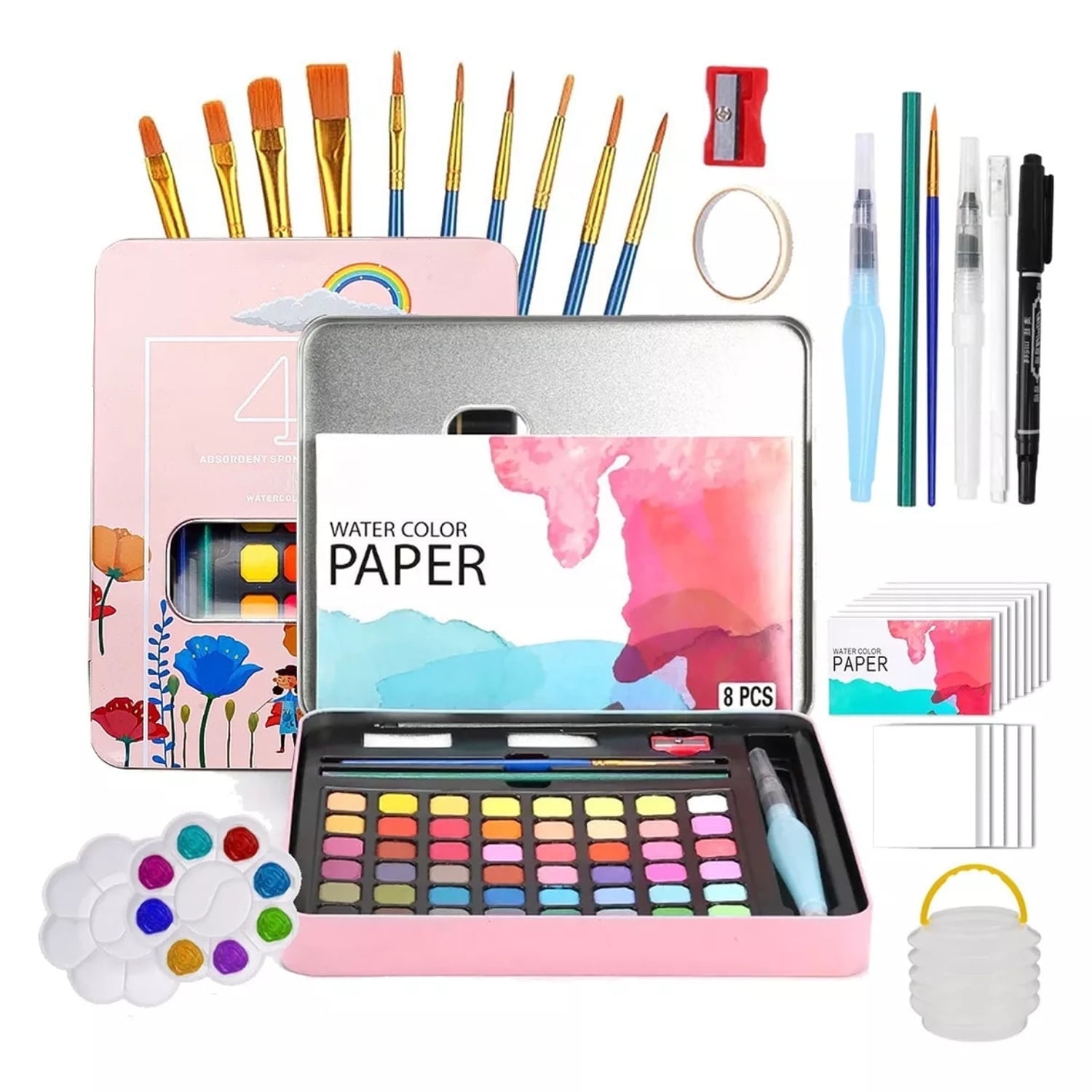 UU&T 48 Colors Watercolor Paint Set, 59 Pcs Painting with Palette Set, Painting Brushes, Water Color Paper, Art Supplies Kit with Gift Box, Pink