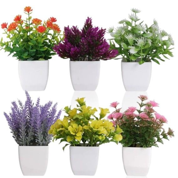 UU&T 6 Pcs Artificial Pot Flowers Small Fake Plants with Pot Mini Potted Plants for House Office Tabletop Decoration