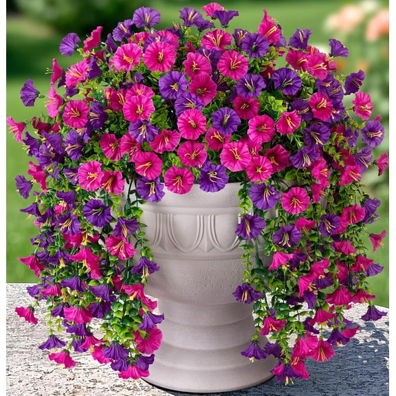 UU&T Artificial Fake Hanging Flowers for Outdoor, 4 Pcs Faux Silk Petunia Trailing Vines UV Resistant for Home Planter Porch Patio Decoration, Red Purple