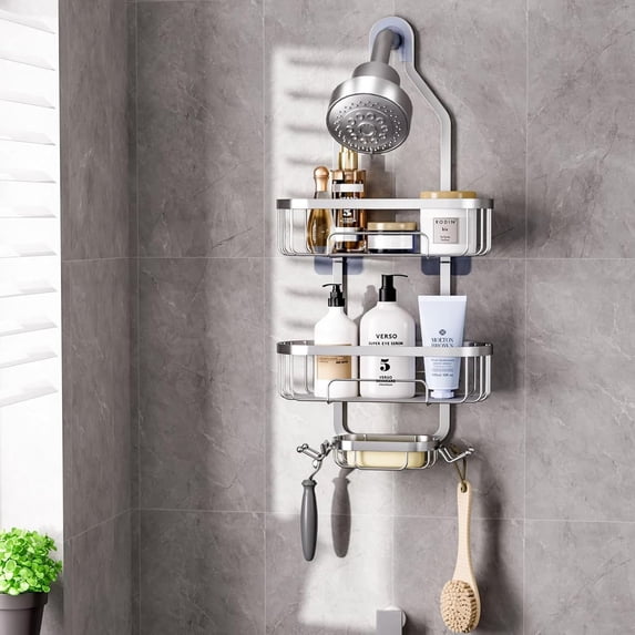 UU&T Bathroom Hanging Shower Organizer, Over Head Shower Caddy Basket with Hooks for Razor and Sponge, Anti-Swing, Silver