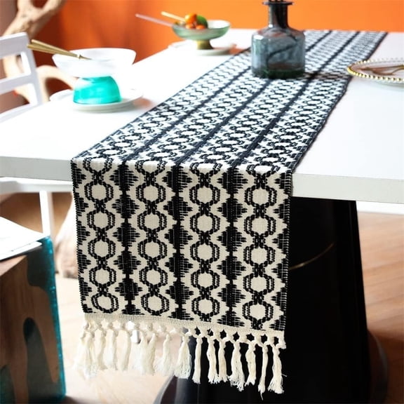 UU&T Boho Black Table Runner 55 Inches Long with Tassels, Macrame Table Runners for Party Rustic Wedding Dining Decor, Farmhouse Style, 12x55 Inches