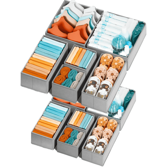 UU&T Drawer Organizer for Clothing, Underwear & Socks, Foldable Gray for Fabric Dresser Storage Space, 12 Pack
