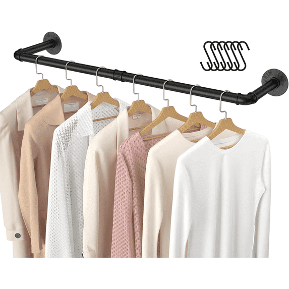 UU&T Industrial Pipe Clothing Rack, 36.2'' Wall Mounted Clothes Rack Coat Hanger, Hanging Planters for Flower, Multi-Purpose Sturdy Plant Holder Rod, Space-Saving, Black Iron