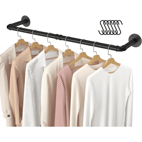 UU&T Industrial Pipe Clothing Rack, 36.2'' Wall Mounted Clothes Rack Coat Hanger, Hanging Planters for Flower, Multi-Purpose Sturdy Plant Holder Rod, Space-Saving, Black Iron